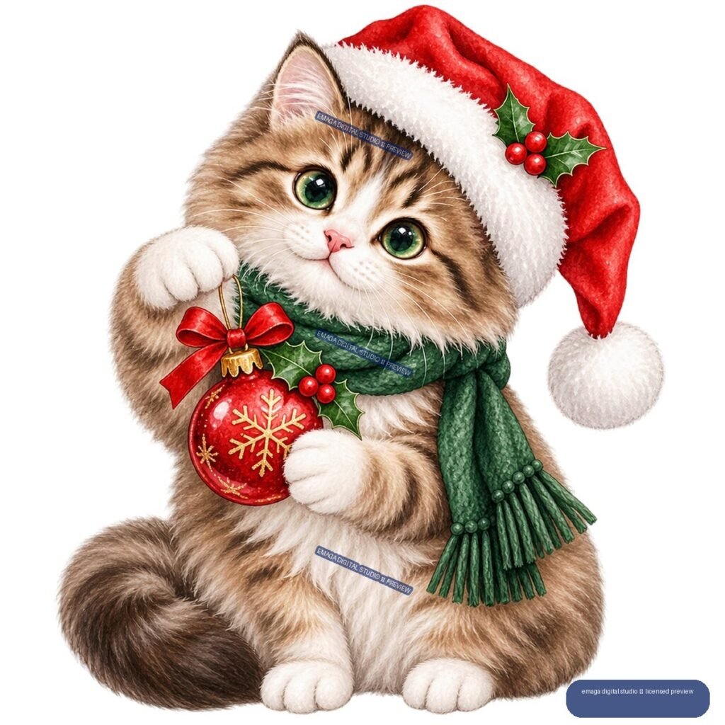 Fluffy brown-and-white cat wearing a Santa hat and green scarf while holding a red snowflake ornament.