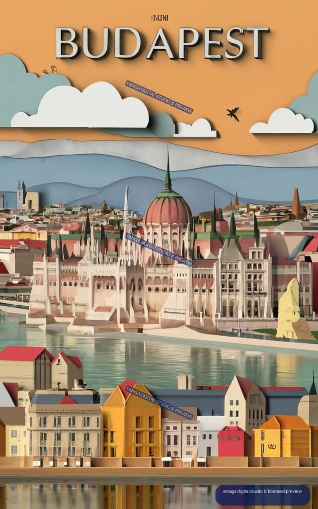Layered paper-cut style illustration of Budapest’s Parliament Building and colorful waterfront reflected in a river beneath an orange sky.