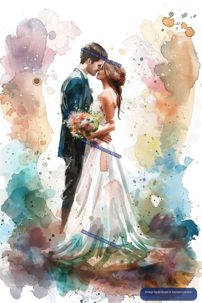 Watercolor illustration of a bride in a white gown and groom in a teal suit embracing while holding a colorful bouquet, surrounded by abstract pastel paint washes.