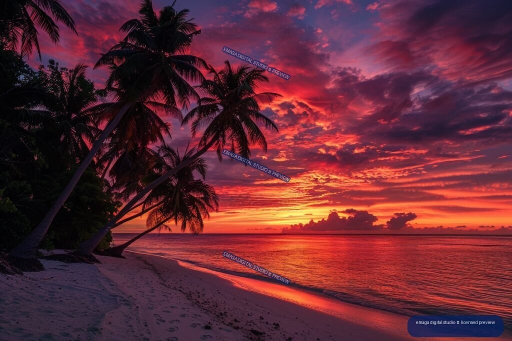 Silhouetted coconut palms frame a tropical beach and calm ocean beneath a vivid pink, purple, and orange sunrise.