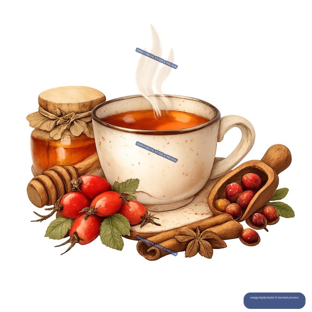 Cream cup of steaming amber tea surrounded by honey, rose hips, berries, cinnamon sticks, and star anise.