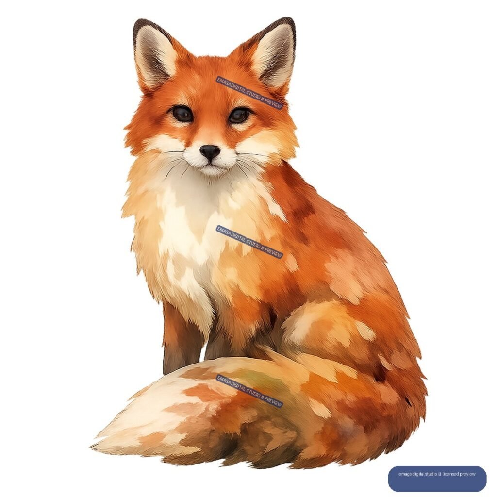 Watercolor-style illustration of a seated red fox with orange fur and a curled bushy tail.