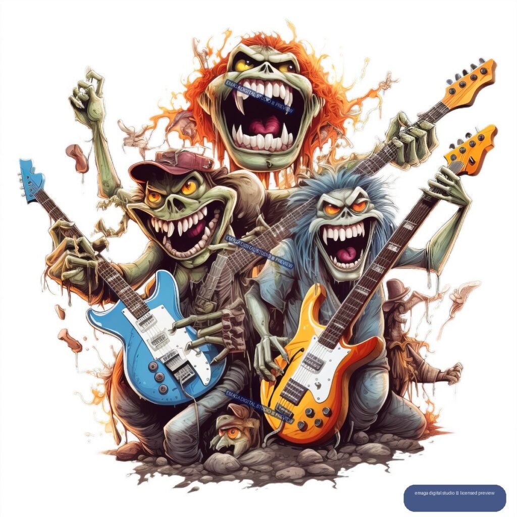 Three grinning skeletal rock monsters with glowing eyes and sharp teeth playing blue and orange electric guitars amid flames and rocks.
