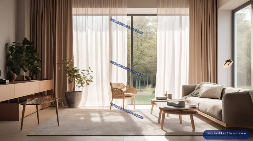 Minimalist Japandi living room with wooden furniture, neutral sofa, plants, large windows, and garden views.