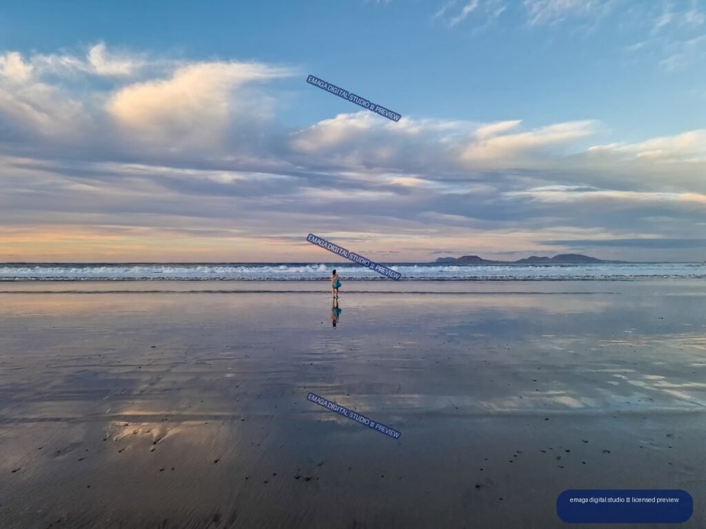 A solitary person and their reflection stand on wet sand beneath layered clouds, with waves and distant mountains on the horizon.