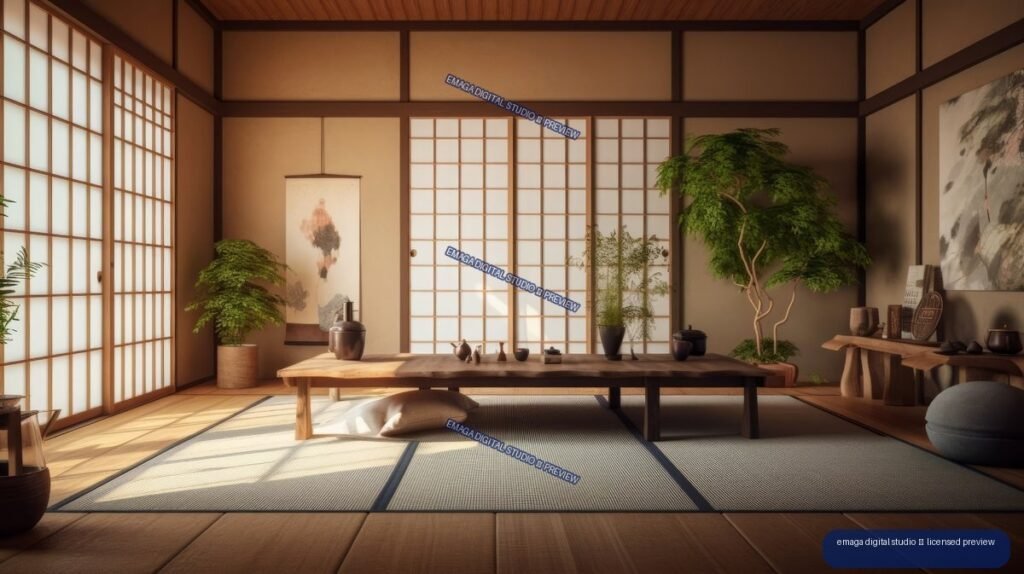 Warm minimalist Japanese living room with shoji screens, tatami mats, low wooden table, plants, and artwork.