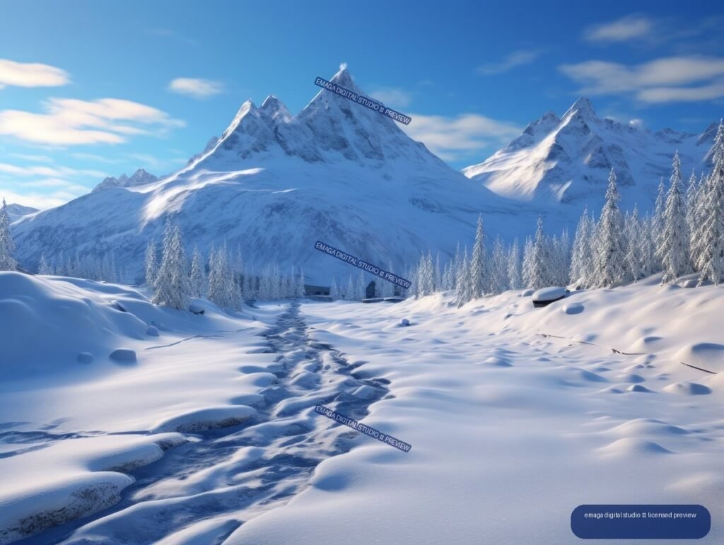 Snowy alpine valley with frost-covered evergreen trees, a winding track, and sharply peaked mountains beneath a blue sky.