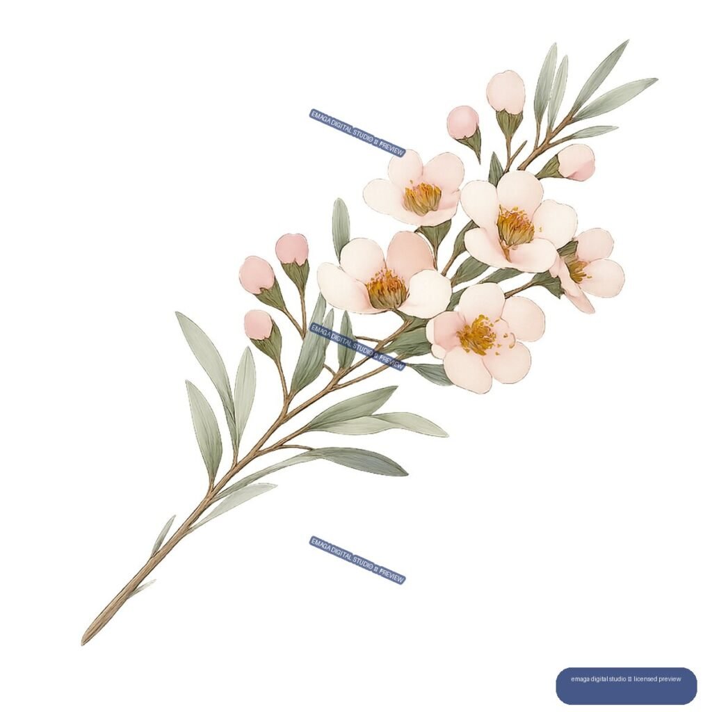 Diagonal watercolor branch with pale pink and ivory blossoms, pink buds, golden centers, and muted green leaves.
