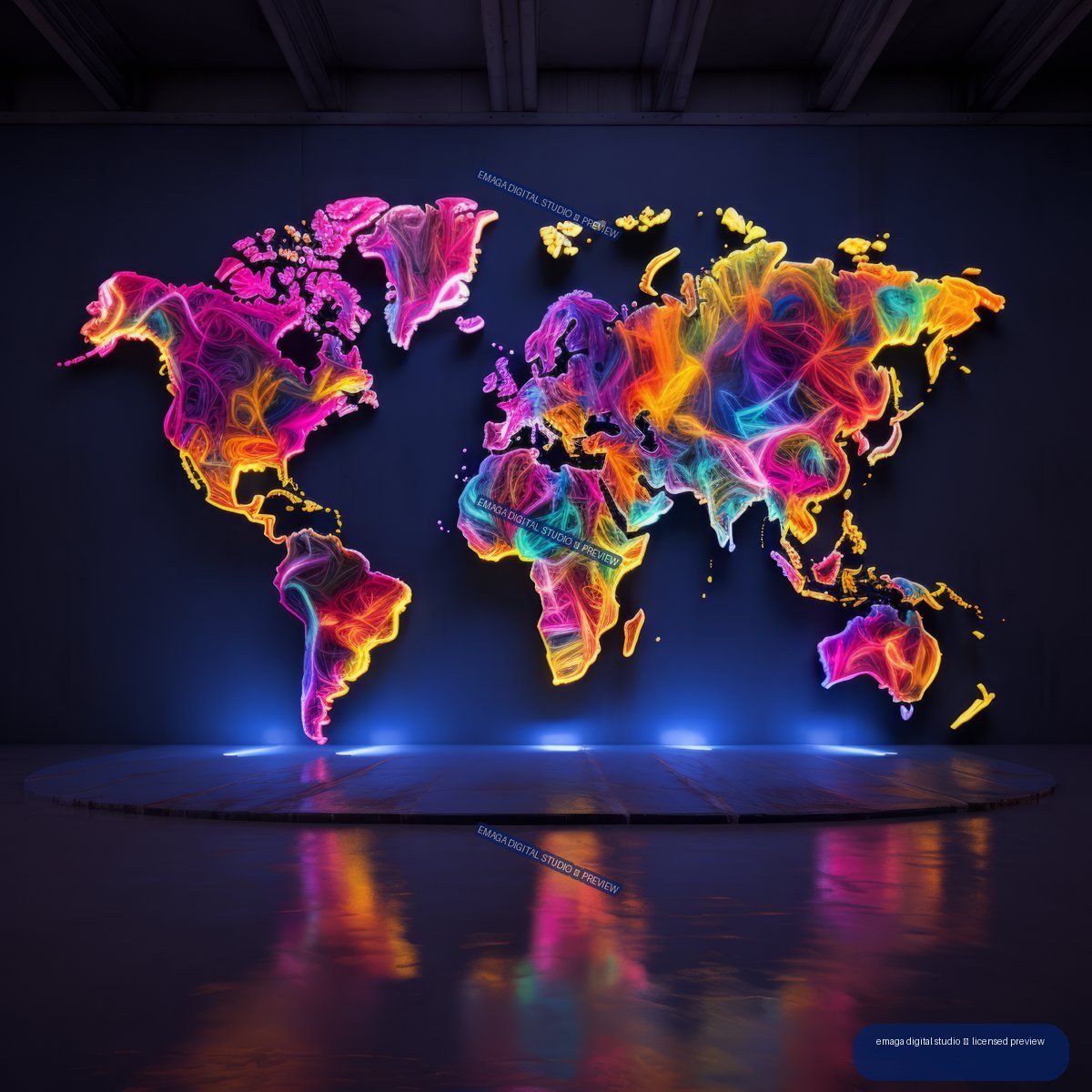 A glowing multicolored graffiti-style world map displayed on a dark wall above a reflective platform.