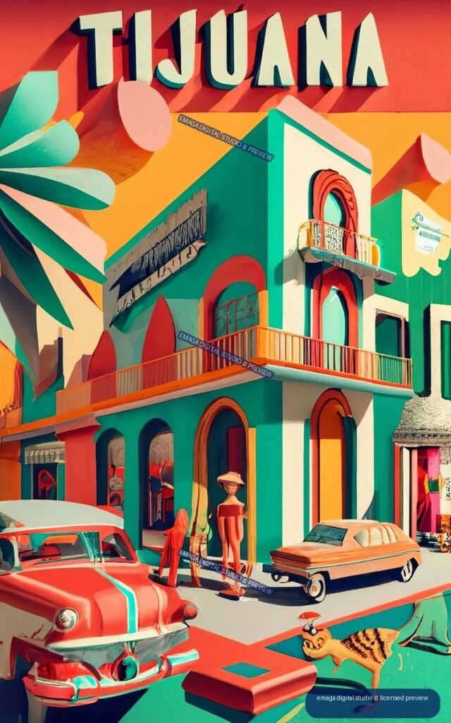 Stylized colorful Havana street scene with vintage cars, pedestrians, a dog, colorful buildings, and large HAVANA lettering.