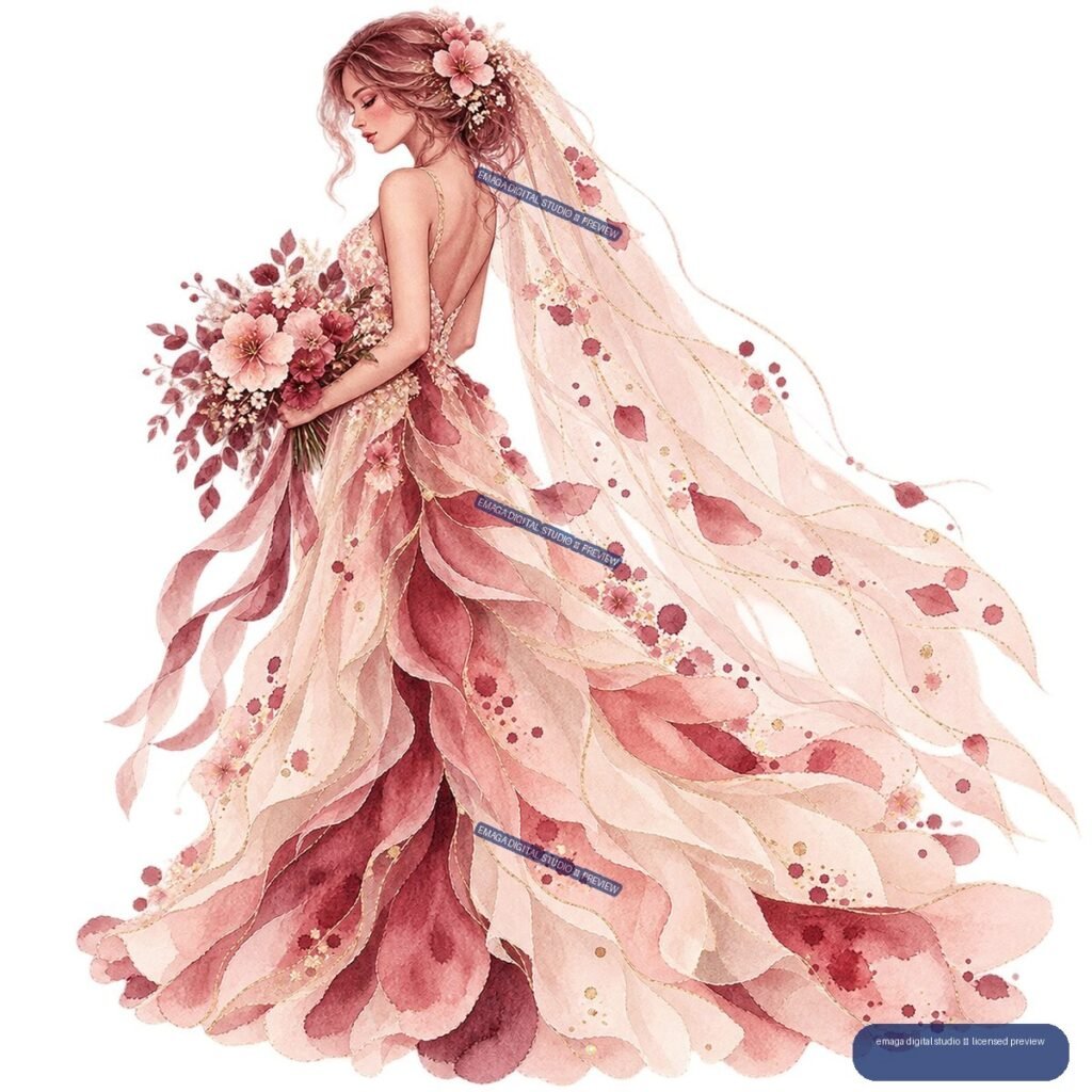 Watercolor bride in profile holding a flower bouquet, wearing a layered pink floral gown and long decorated veil.