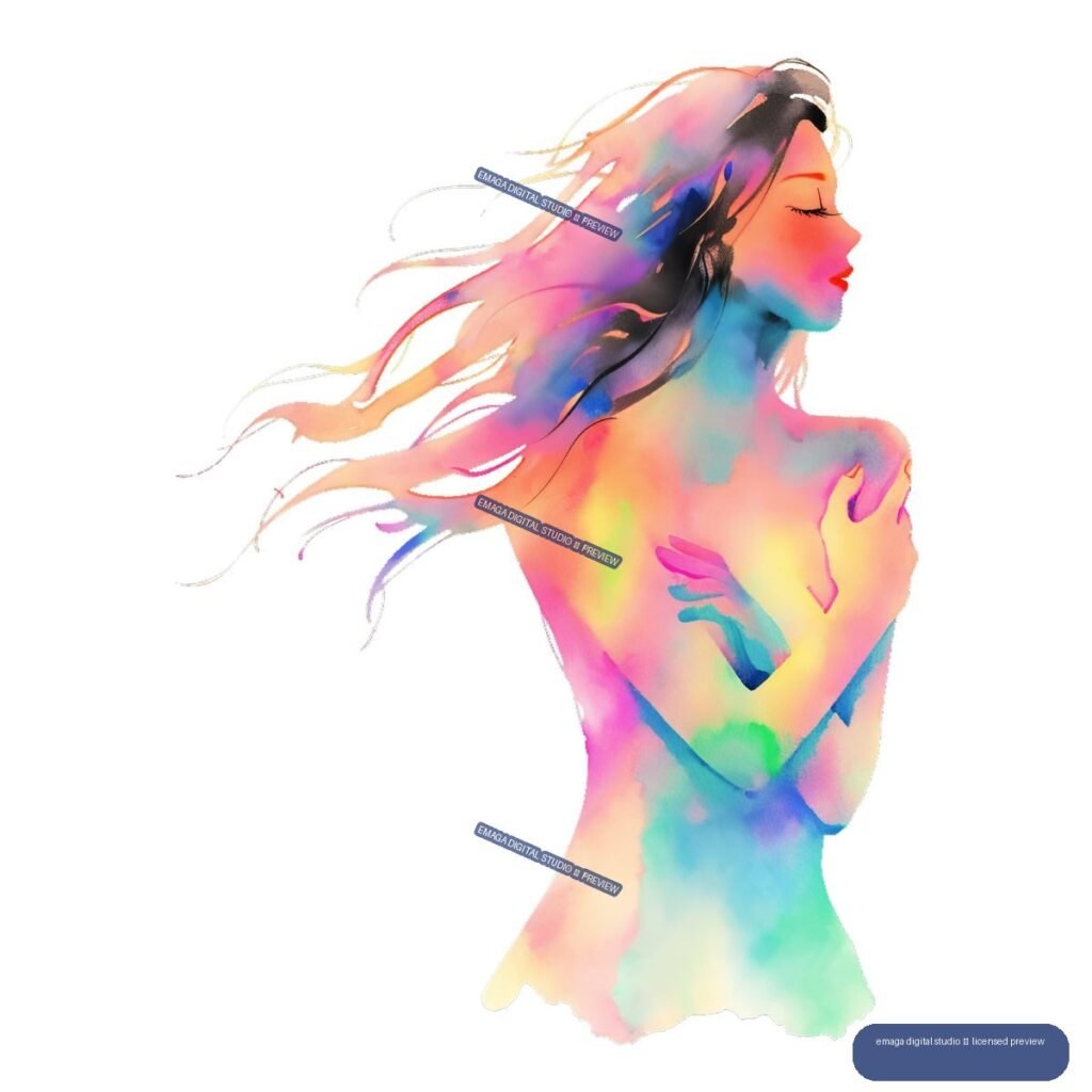 Colorful watercolor-style profile portrait of a woman with flowing multicolored hair and an arm across her chest.