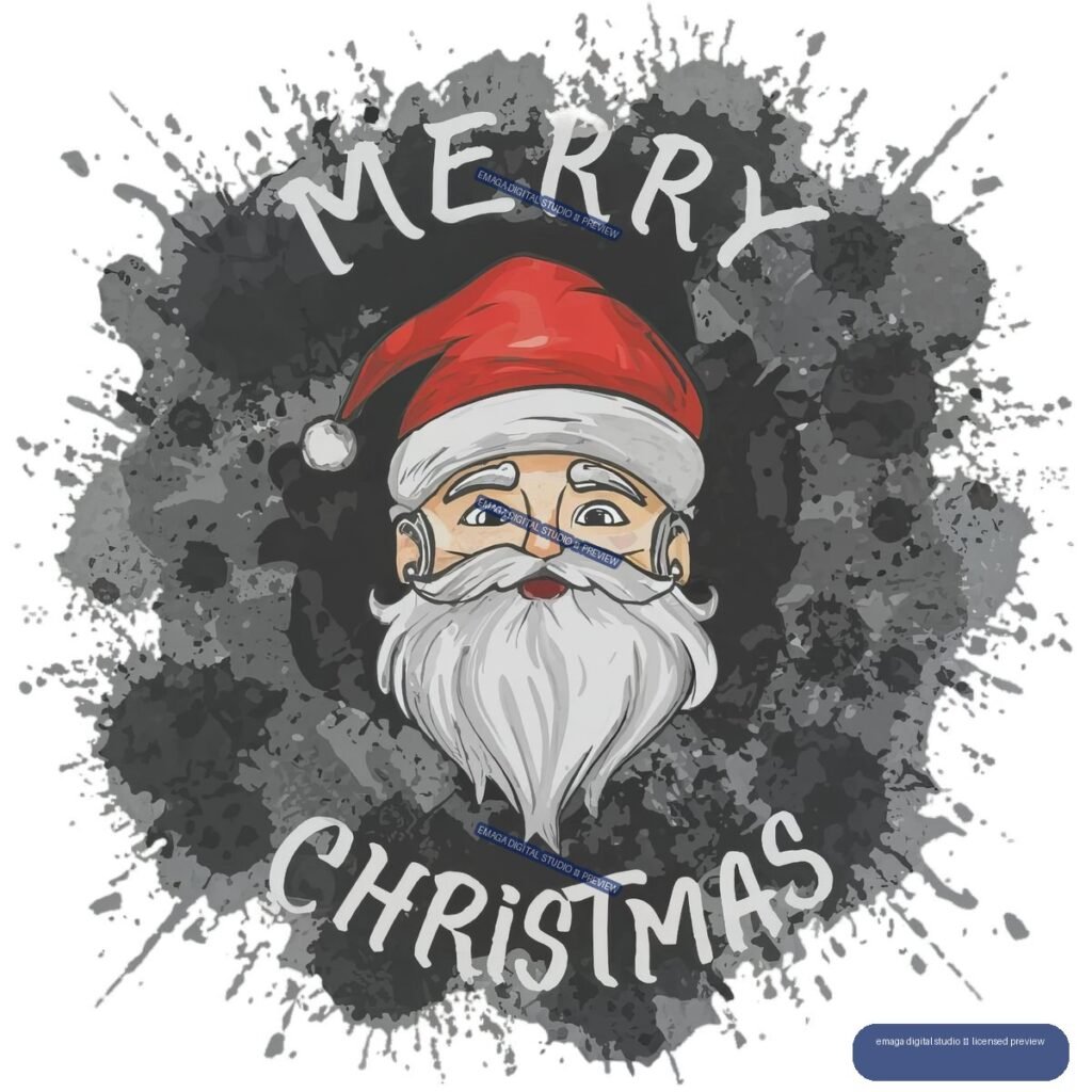 Stylized Santa Claus portrait with red hat and white beard, surrounded by a dark paint-splatter effect and curved white text reading Merry Christmas.