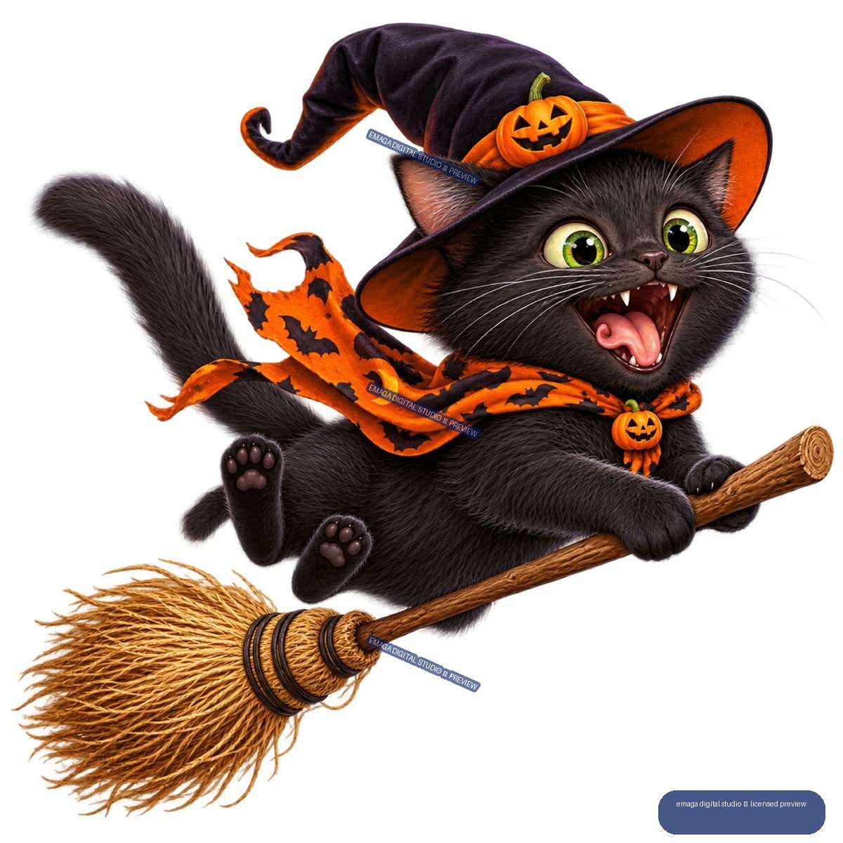 Black cat in a witch hat and bat-patterned scarf flying on a broomstick, with a pumpkin decoration.