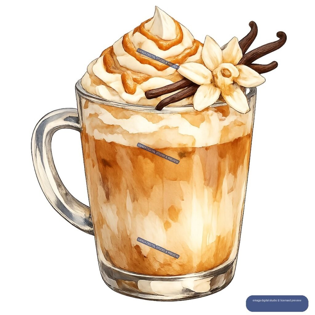Watercolor illustration of a caramel latte in a glass mug topped with whipped cream, syrup, cinnamon sticks, and a vanilla flower.