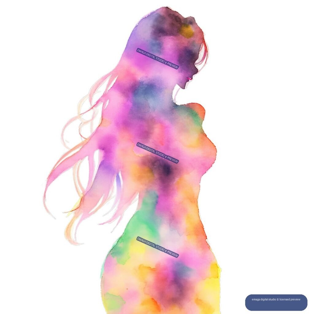 Colorful watercolor silhouette of a nude woman in profile with long flowing hair, filled with pink, purple, blue, green, yellow, and orange washes.
