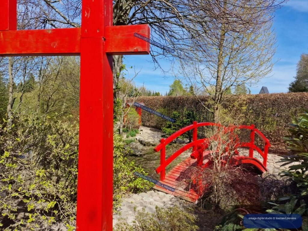 Red Garden Gate and Arched Footbridge Among Trees — Hortulus Gardens, Dobrzyca
