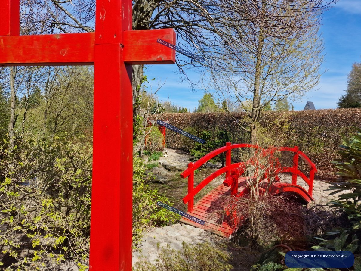 Red Garden Gate and Arched Footbridge Among Trees — Hortulus Gardens, Dobrzyca