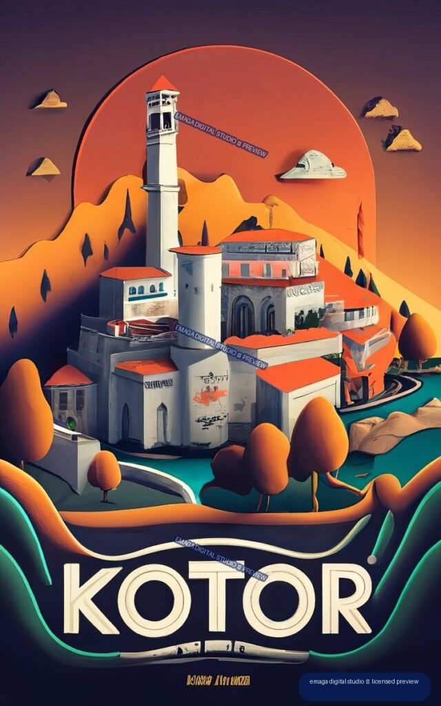 Stylized vintage travel poster for Kotor showing red-roofed buildings, towers, orange mountains, water, and large KOTOR lettering.