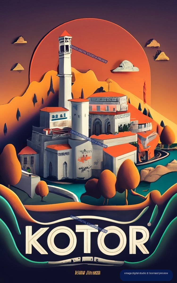 Stylized vintage travel poster for Kotor showing red-roofed buildings, towers, orange mountains, water, and large KOTOR lettering.