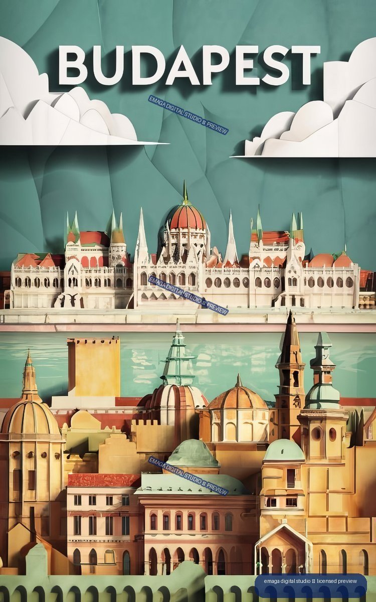 Layered paper-art cityscape of Budapest with the Parliament Building, domes, towers, clouds, and the word BUDAPEST.