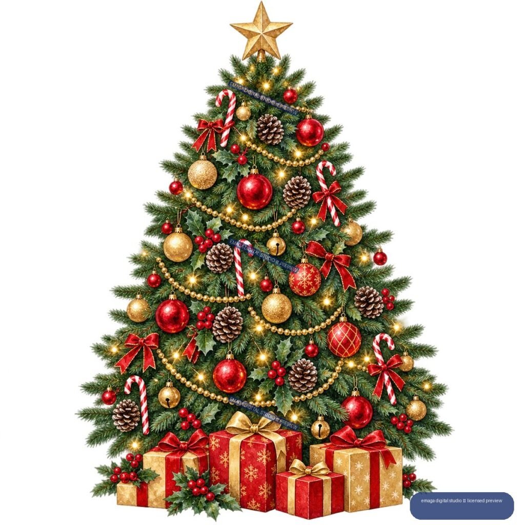Decorated evergreen Christmas tree with star topper, ornaments, candy canes, lights, and wrapped presents