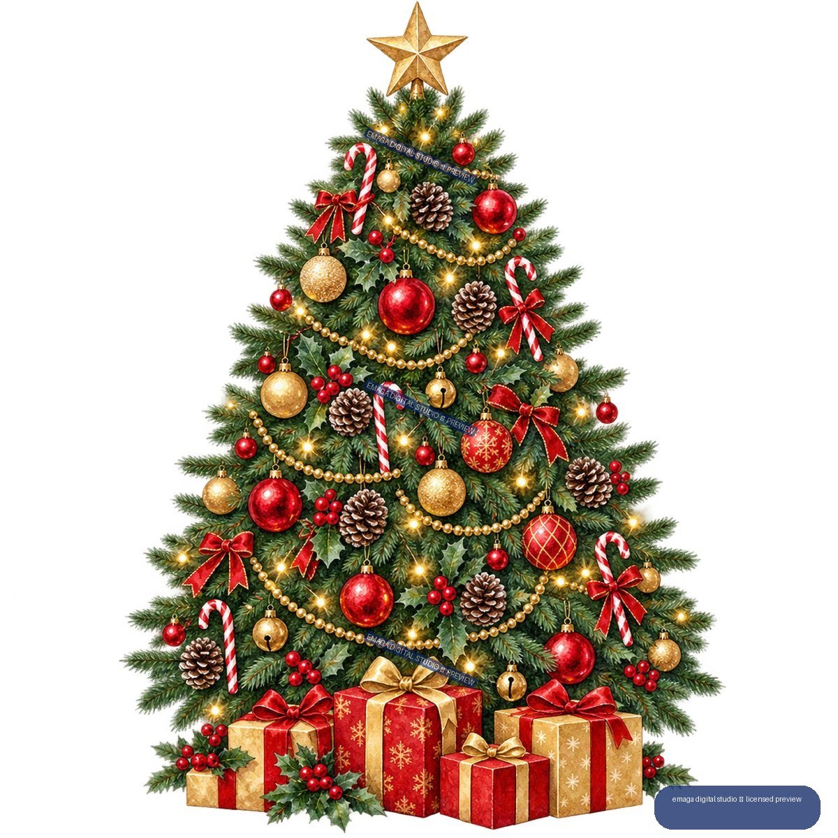 Decorated evergreen Christmas tree with star topper, ornaments, candy canes, lights, and wrapped presents