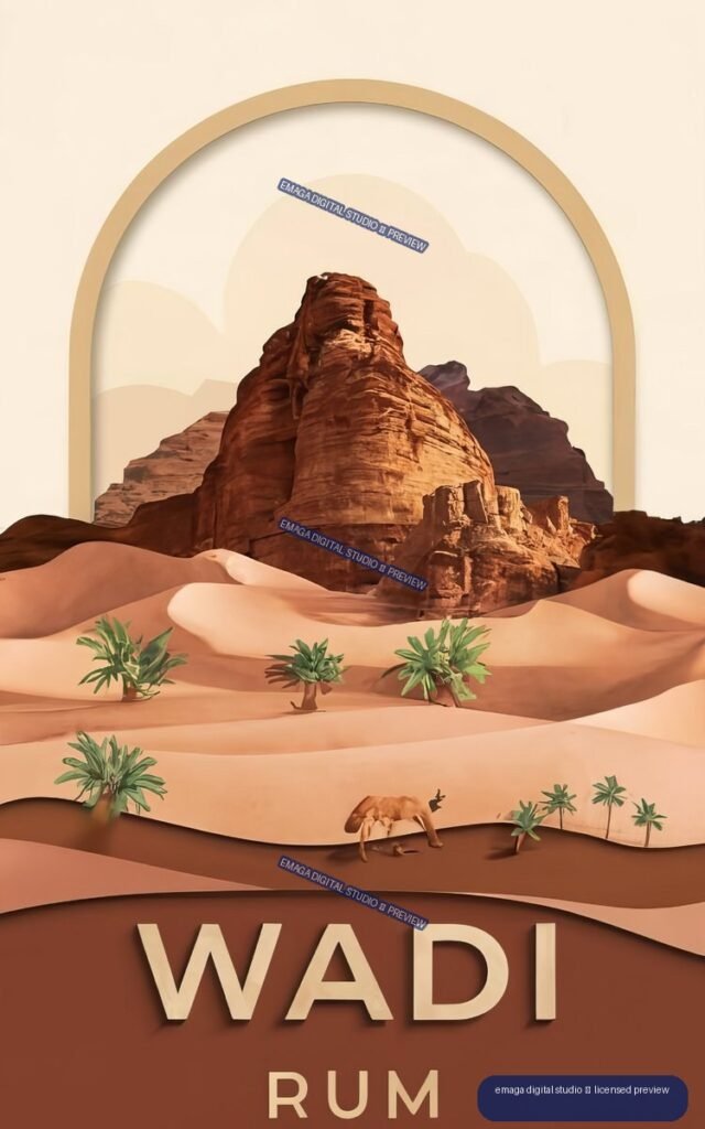 Stylized Wadi Rum travel poster with sandstone cliffs, peach dunes, desert plants, a camel, and bold WADI RUM lettering.