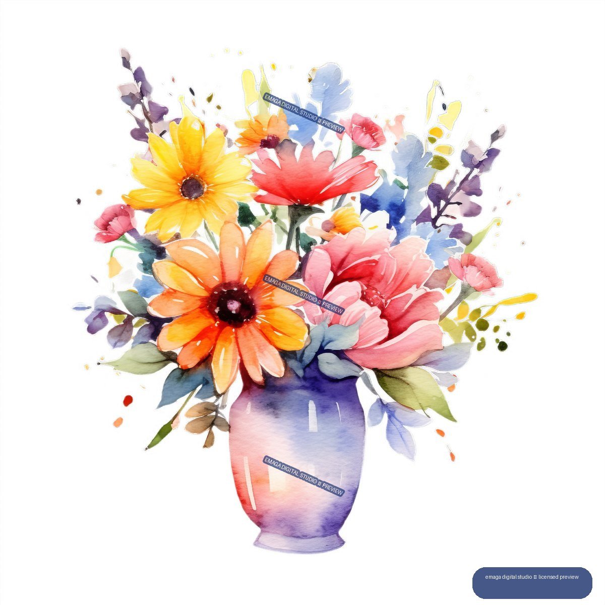 Colorful watercolor bouquet of yellow, orange, red, pink, and blue flowers in a purple vase, isolated on transparency.