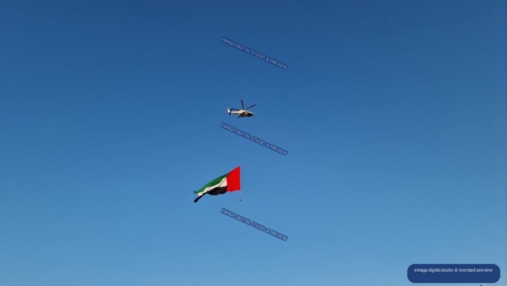 Helicopter Carrying UAE Flag Above Sheikh Zayed Grand Mosque, Abu Dhabi