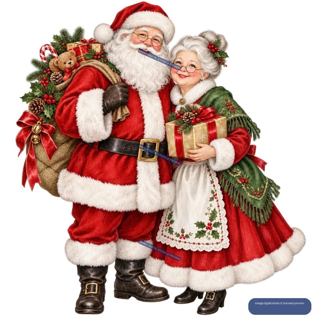Santa Claus and Mrs. Claus smiling beside a decorated gift sack and wrapped present.