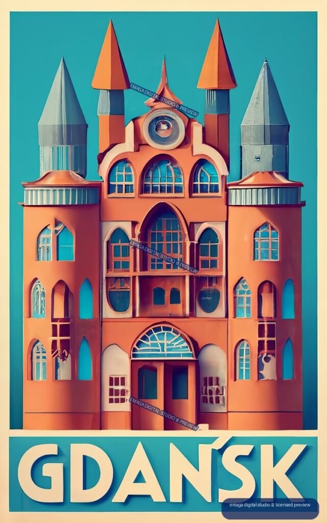 Stylized coral and orange Gdańsk building with arched windows, pointed towers, and large GDAŃSK lettering against a turquoise background.