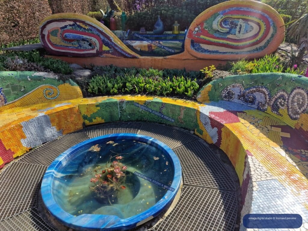 Colorful Mosaic Garden Fountain with Curved Decorative Seating