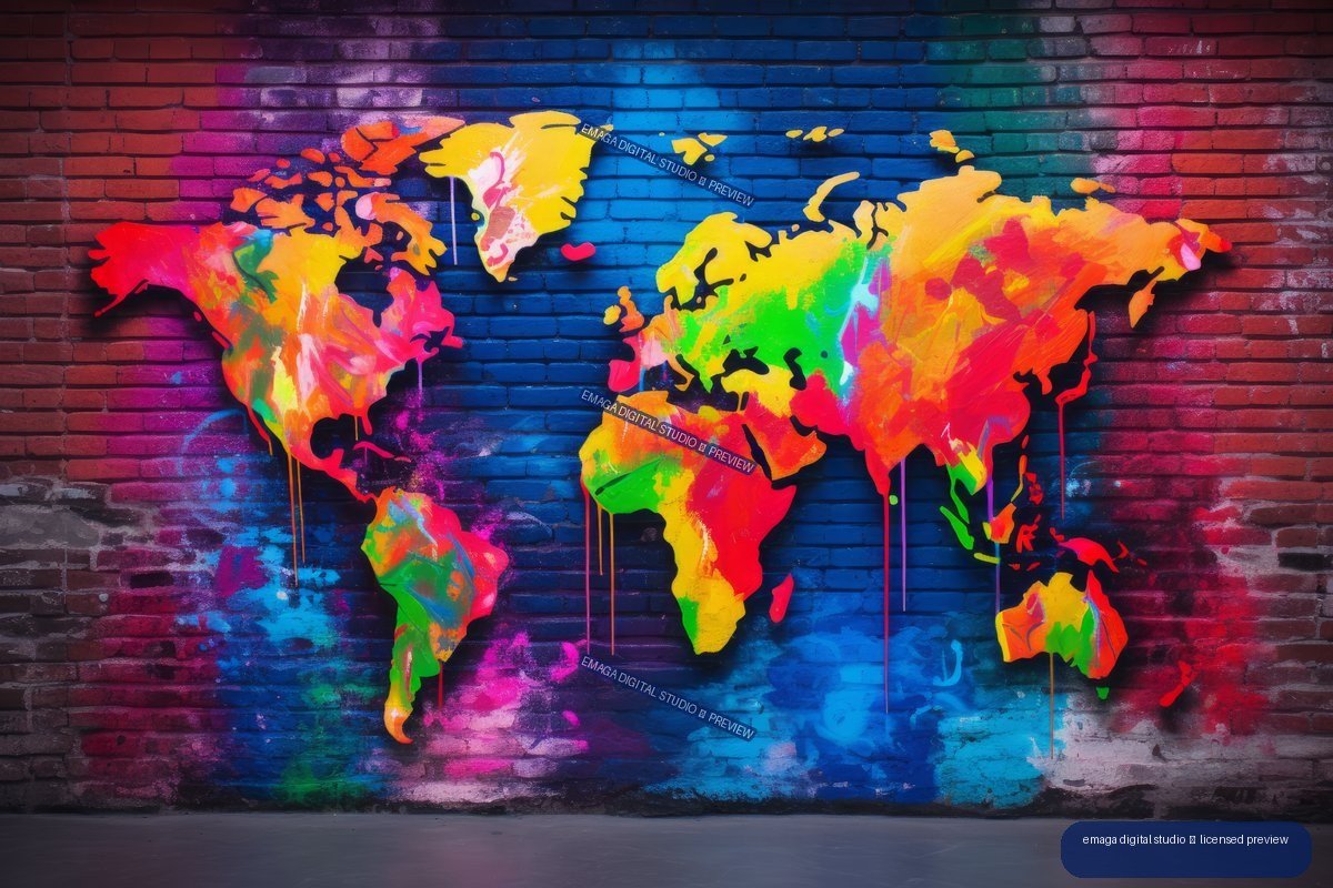 Colorful graffiti-style world map painted across a multicolored brick wall, with neon continents, paint splashes, and drips.