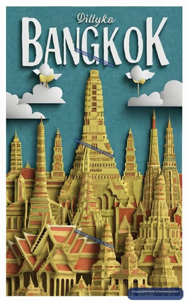 Layered paper-art collage of Bangkok temples and pagodas beneath large white BANGKOK lettering on a teal background.