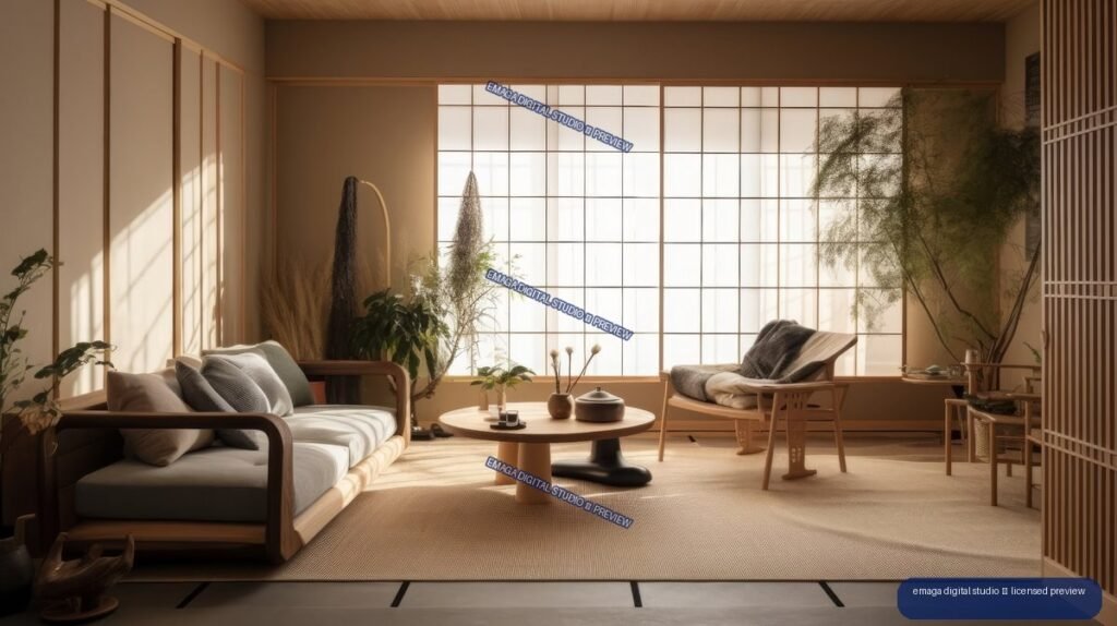 Warm minimalist Japandi living room with shoji windows, wooden furniture, plants, and a woven rug.