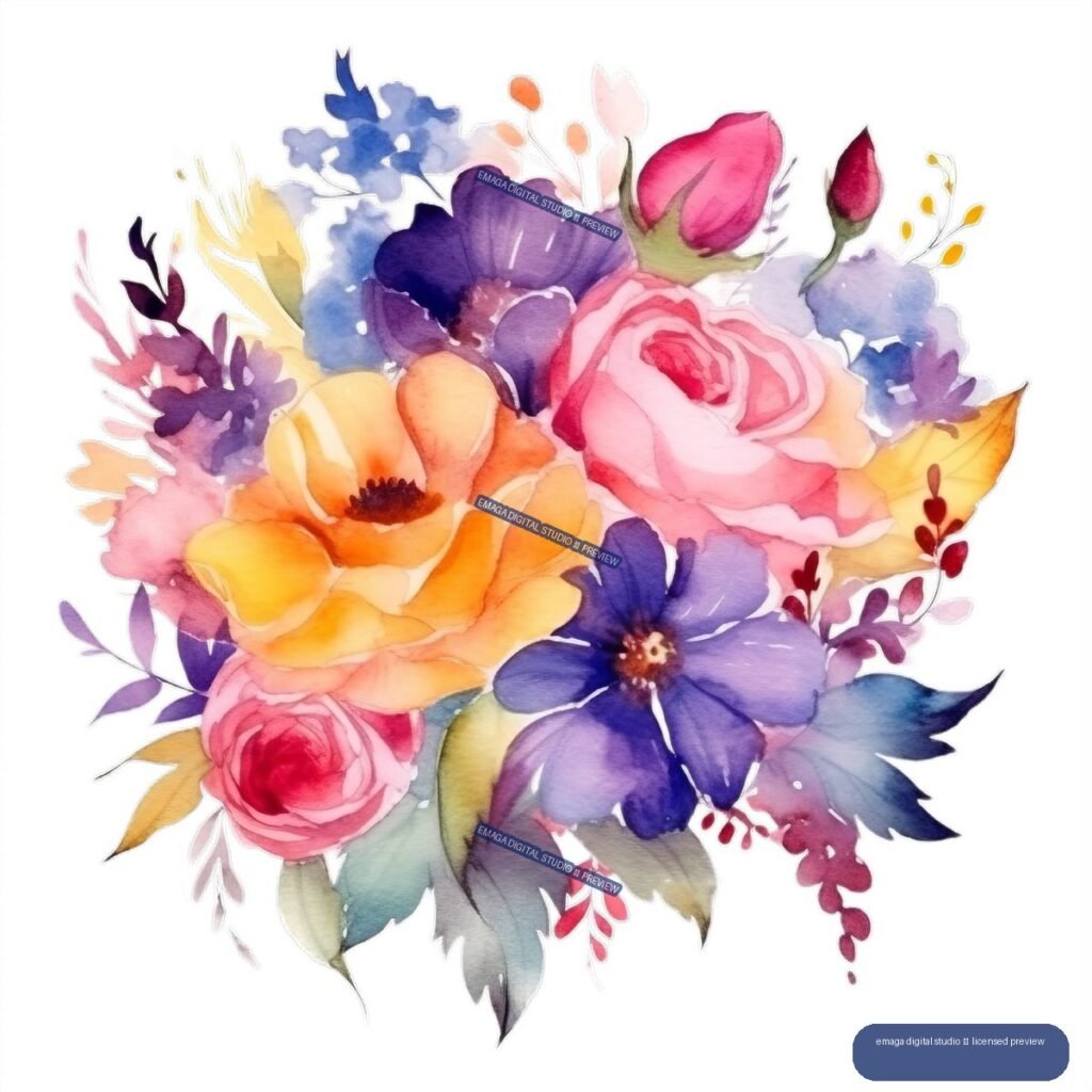 Watercolor bouquet of pink roses, orange and yellow flowers, blue and purple blossoms, leaves, buds, and sprigs.