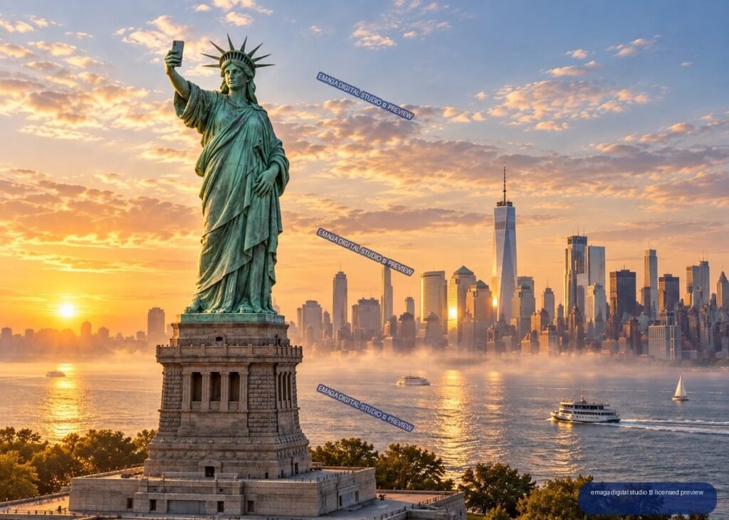 Statue of Liberty overlooking the harbor and Lower Manhattan skyline at sunset, with boats on the water.