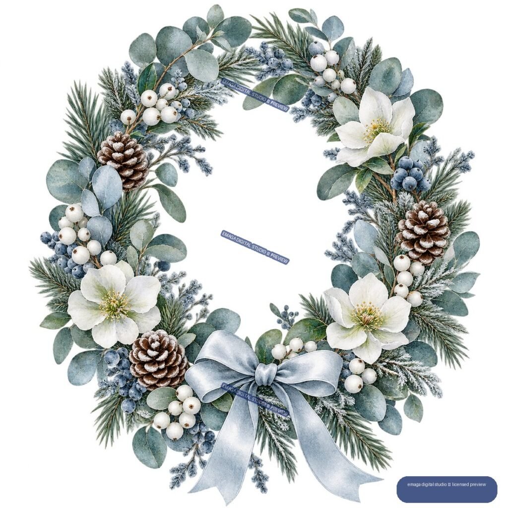 Watercolor Christmas wreath with evergreen branches, eucalyptus leaves, blue and white berries, pinecones, white flowers, and a pale blue bow.