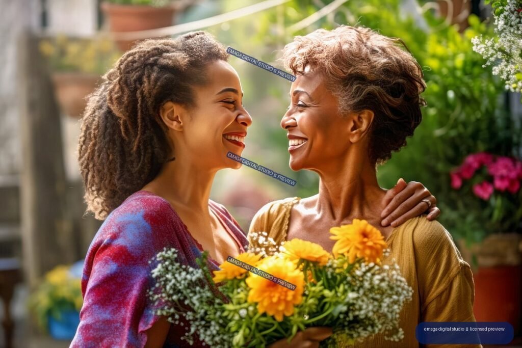 Two smiling Black women embrace in a garden, with one holding a bouquet of yellow and white flowers.