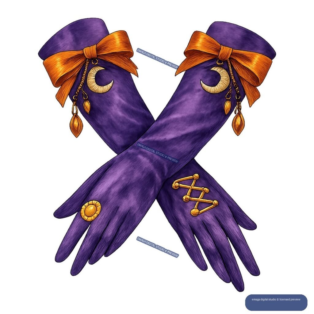 Two crossed purple witch gloves with orange bows, crescent moon charms, and gold decorations.
