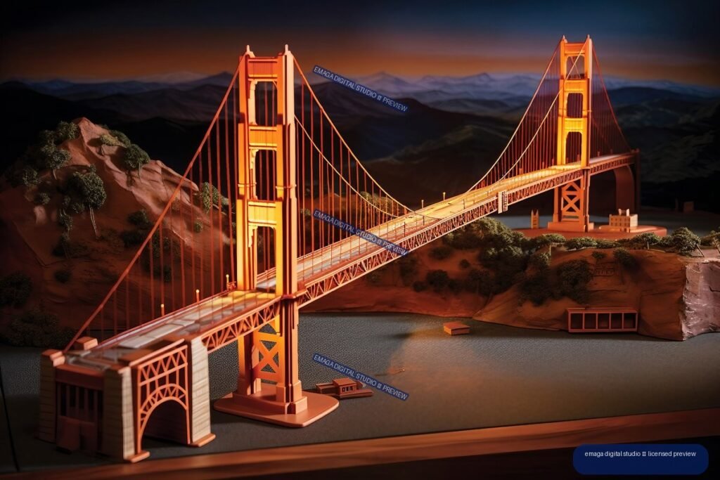 Stylized illuminated model of San Francisco’s Golden Gate Bridge spanning water between rocky shores at sunset.