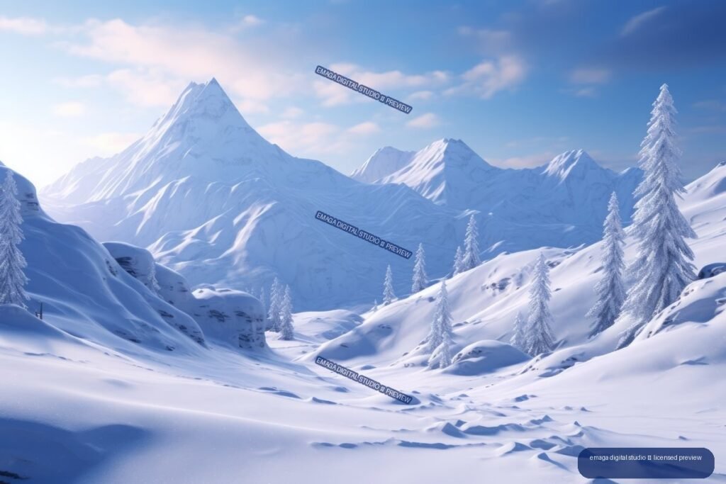 Snow-covered alpine valley with pointed mountain peaks, frosted evergreen trees, and a winding track beneath a blue sky.