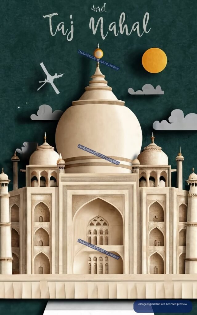 Stylized poster showing the Taj Mahal in warm cream tones beneath a dark green sky, with an orange sun, gray clouds, airplane silhouette, and handwritten title text.