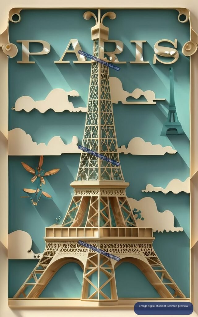 Stylized teal and cream travel poster showing the Eiffel Tower beneath large PARIS lettering, with clouds and decorative details.