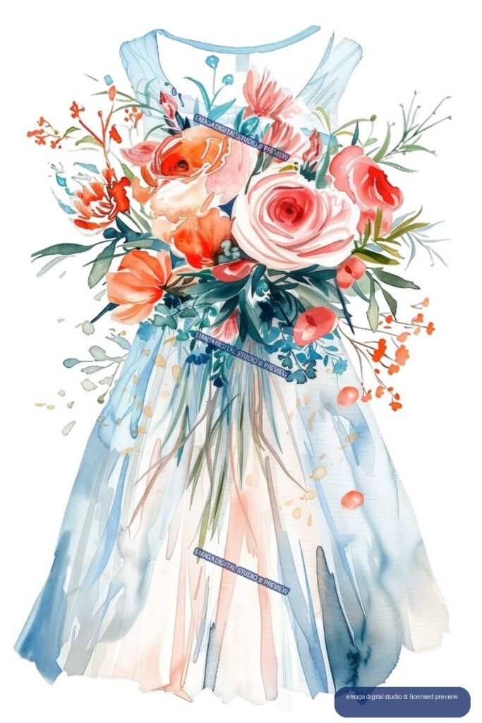 Watercolor illustration of a flowing pale blue wedding dress decorated with a colorful bouquet of roses, flowers, and greenery.