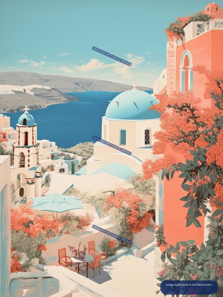 Vintage-style illustration of Santorini with white buildings, blue-domed churches, coral walls, flowering plants, the sea, and caldera cliffs.