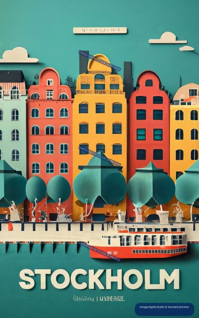 Stylized Stockholm poster with colorful waterfront buildings, rounded trees, a red-and-white boat, teal background, and large STOCKHOLM lettering.