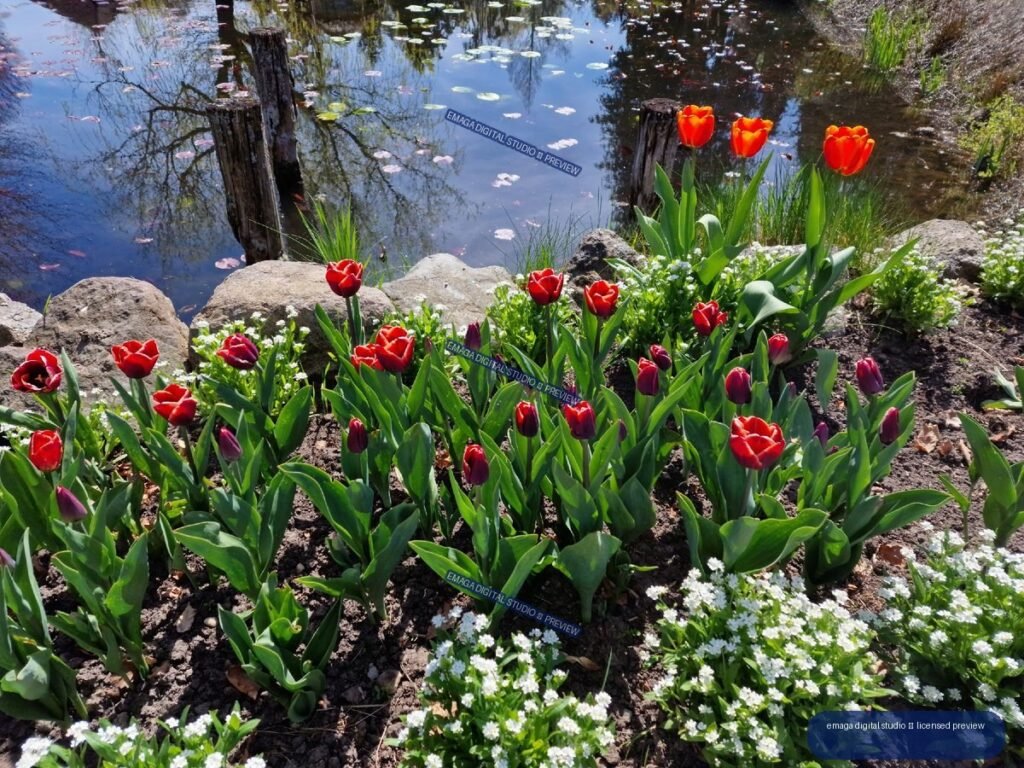 Red Tulips Blooming Beside a Reflective Garden Pond