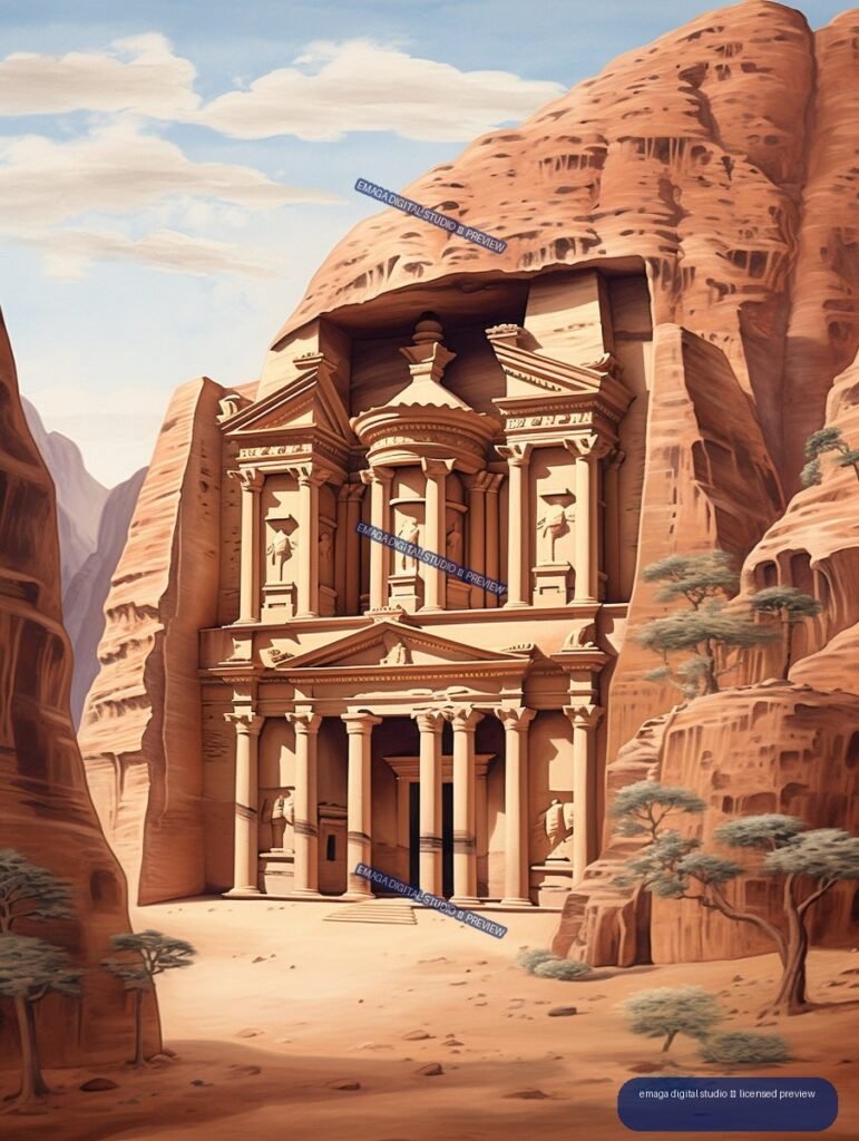Stylized travel poster illustration of Petra’s Treasury framed by rose-red sandstone cliffs, desert trees, and a pale blue sky.